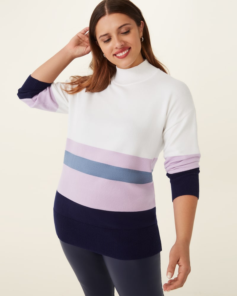 Front of plus size Claudine Striped Mock-Neck Sweater by Meri Skye | Dia&Co | dia_product_style_image_id:175818